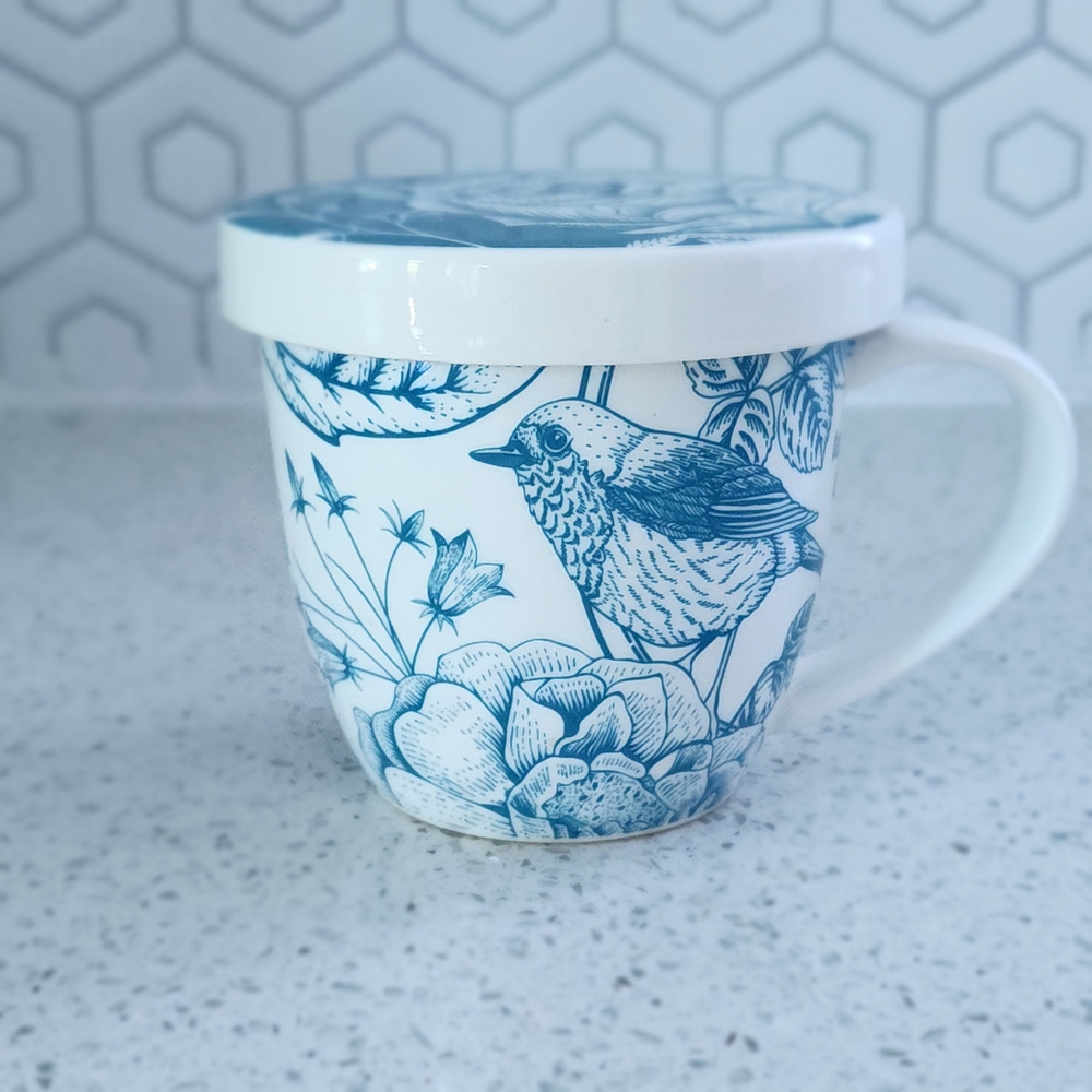 Blue and White Floral Mug with Lid